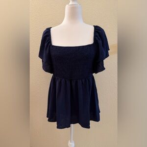 Elegant Navy Blue Smocked Top